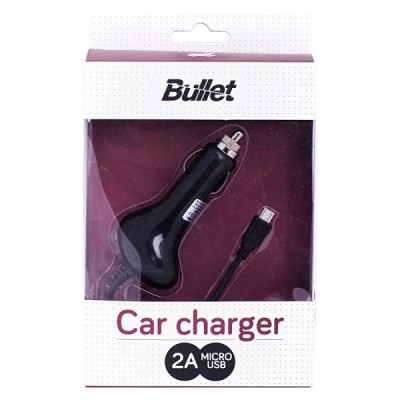 „Bullet“ melns autolādētājs ar micro USB vadu (2 A) / Vacins.lv