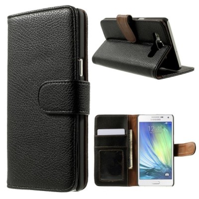 Samsung Galaxy A5 atverčiamas juodas odinis Litchi dėklas - piniginė / Priedai.lt