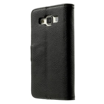 Samsung Galaxy A5 atverčiamas juodas odinis Litchi dėklas - piniginė / Priedai.lt