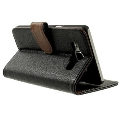 Samsung Galaxy A5 atverčiamas juodas odinis Litchi dėklas - piniginė / Priedai.lt