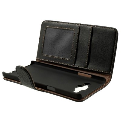 Samsung Galaxy A5 atverčiamas juodas odinis Litchi dėklas - piniginė / Priedai.lt