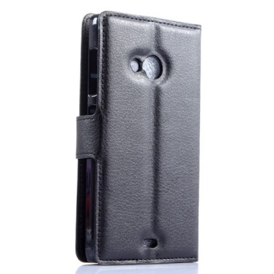 Microsoft Lumia 535 atverčiamas juodas odinis Litchi dėklas - piniginė / Priedai.lt