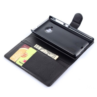 Microsoft Lumia 535 atverčiamas juodas odinis Litchi dėklas - piniginė / Priedai.lt