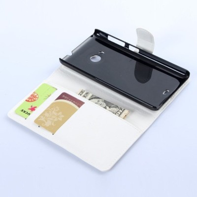 Microsoft Lumia 535 atverčiamas baltas odinis Litchi dėklas - piniginė / Priedai.lt