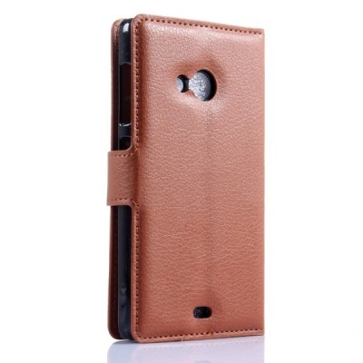 Microsoft Lumia 535 atverčiamas rudas odinis Litchi dėklas - piniginė / Priedai.lt