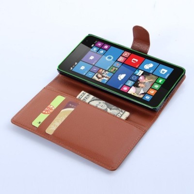 Microsoft Lumia 535 atverčiamas rudas odinis Litchi dėklas - piniginė / Priedai.lt