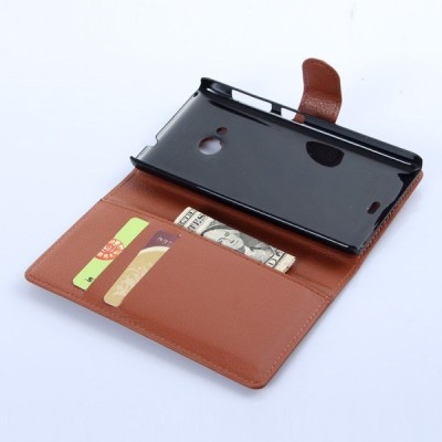 Microsoft Lumia 535 atverčiamas rudas odinis Litchi dėklas - piniginė / Priedai.lt