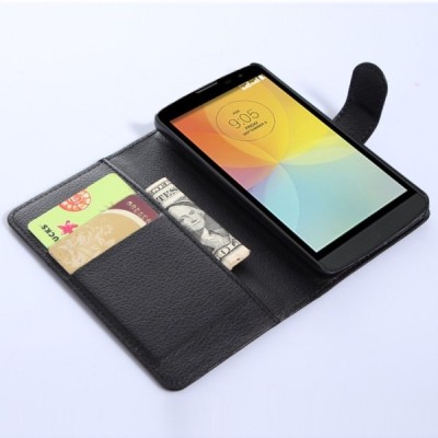 LG L Bello (D331, D335) atvēramais melns ādas Litchi maciņš / Vacins.lv