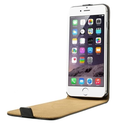 Apple iPhone 6 Plus (6s Plus) klasikinis vertikaliai atverčiamas juodas odinis dėklas / Priedai.lt