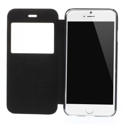 Apple iPhone 6 (6s) juodas odinis atverčiamas „Smart Window“ dėklas su langeliu / Priedai.lt