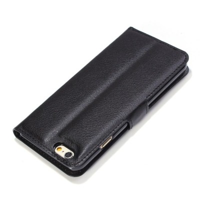 Apple iPhone 6 (6s) atvēramais melns ādas Litchi maciņš / Vacins.lv