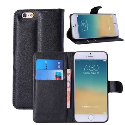 Apple iPhone 6 (6s) atvēramais melns ādas Litchi maciņš / Vacins.lv