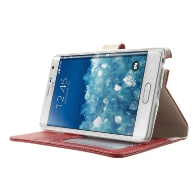 Samsung Galaxy Note Edge atverčiamas raudonas odinis Litchi dėklas - piniginė / Priedai.lt