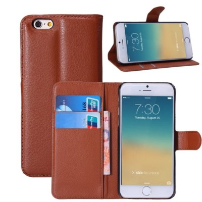 Apple iPhone 6 (6s) atverčiamas rudas odinis Litchi dėklas - piniginė / Priedai.lt