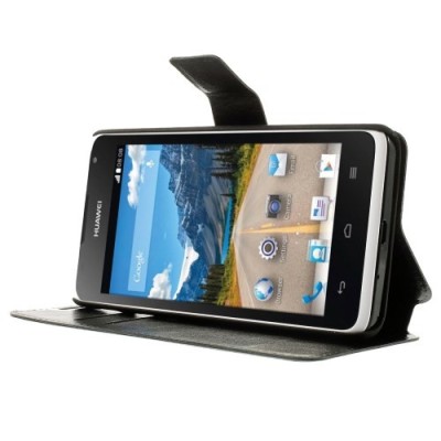 Huawei Ascend Y530 atvēramais melns ādas maciņš / Vacins.lv
