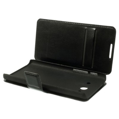 Huawei Ascend Y530 atvēramais melns ādas maciņš / Vacins.lv