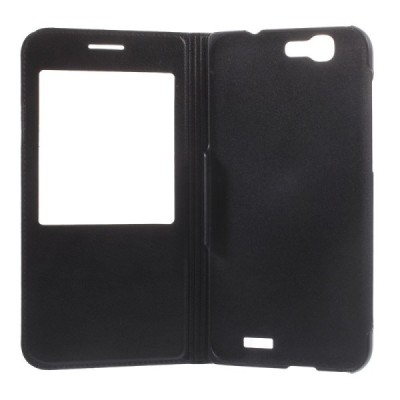 Huawei Ascend G7 juodas odinis atverčiamas „Smart Window“ dėklas su langeliu / Priedai.lt