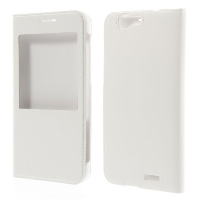Huawei Ascend G7 balts atvēramais „Smart Window“ ādas maciņš / Vacins.lv