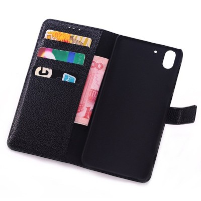 HTC Desire EYE atvēramais melns ādas Litchi maciņš / Vacins.lv