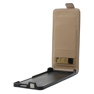 Huawei Ascend G6 4G LTE klasisks ādas vertikāli atvēramais melns maciņš / Vacins.lv