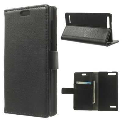 Huawei Ascend G6 4G LTE atverčiamas juodas odinis Litchi dėklas - piniginė / Priedai.lt