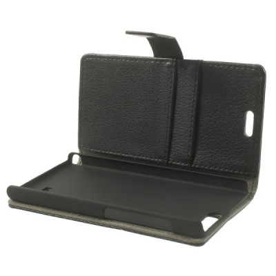 Huawei Ascend G6 4G LTE atverčiamas juodas odinis Litchi dėklas - piniginė / Priedai.lt