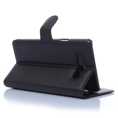 Samsung Galaxy A7 atverčiamas juodas odinis Litchi dėklas - piniginė / Priedai.lt