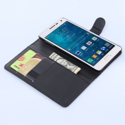 Samsung Galaxy A7 atverčiamas juodas odinis Litchi dėklas - piniginė / Priedai.lt