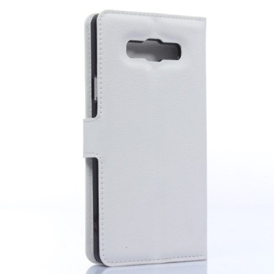 Samsung Galaxy A7 atverčiamas baltas odinis Litchi dėklas - piniginė / Priedai.lt