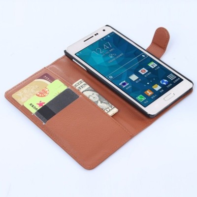 Samsung Galaxy A7 atvēramais brūns ādas Litchi maciņš / Vacins.lv