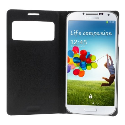 Samsung Galaxy S4 juodas odinis atverčiamas „Smart Window“ dėklas su langeliu / Priedai.lt