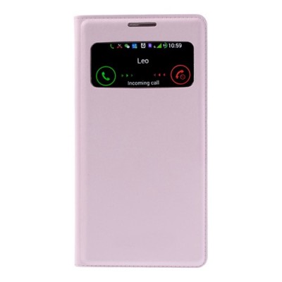 Samsung Galaxy S4 šviesiai rožinis odinis atverčiamas „Smart Window“ dėklas su langeliu / Priedai.lt