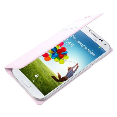 Samsung Galaxy S4 šviesiai rožinis odinis atverčiamas „Smart Window“ dėklas su langeliu / Priedai.lt