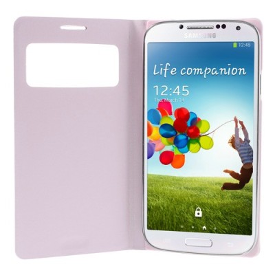 Samsung Galaxy S4 šviesiai rožinis odinis atverčiamas „Smart Window“ dėklas su langeliu / Priedai.lt