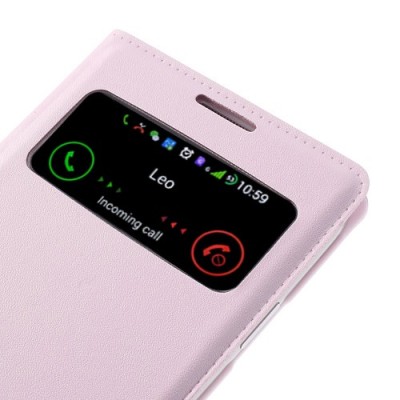 Samsung Galaxy S4 šviesiai rožinis odinis atverčiamas „Smart Window“ dėklas su langeliu / Priedai.lt