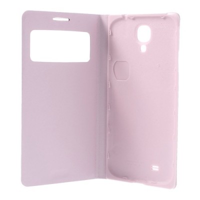 Samsung Galaxy S4 šviesiai rožinis odinis atverčiamas „Smart Window“ dėklas su langeliu / Priedai.lt