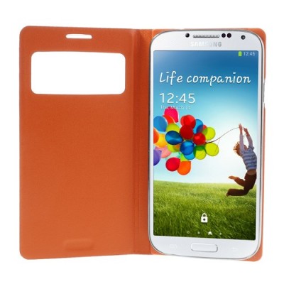 Samsung Galaxy S4 oranžs atvēramais Smart Window ādas maciņš / Vacins.lv