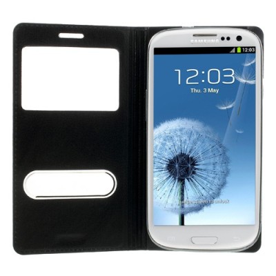 Samsung Galaxy S3 juodas odinis atverčiamas „Smart Window“ dėklas su langeliu / Priedai.lt