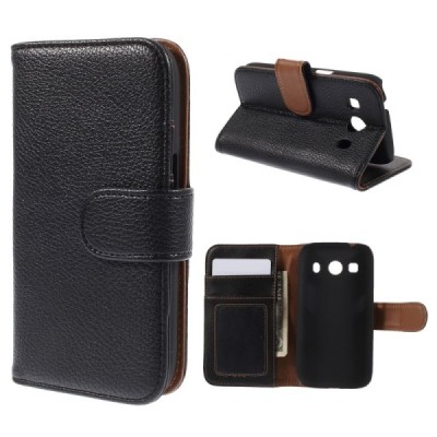 Samsung Galaxy Ace 4 (G357) atvēramais melns ādas Litchi maciņš / Vacins.lv