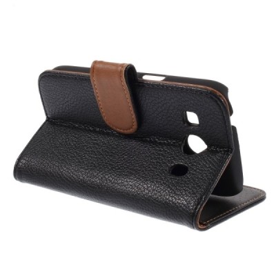 Samsung Galaxy Ace 4 (G357) atvēramais melns ādas Litchi maciņš / Vacins.lv