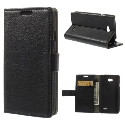 LG L65 atvēramais melns ādas Litchi maciņš / Vacins.lv