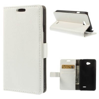 LG L65 atverčiamas baltas odinis Litchi dėklas - piniginė / Priedai.lt