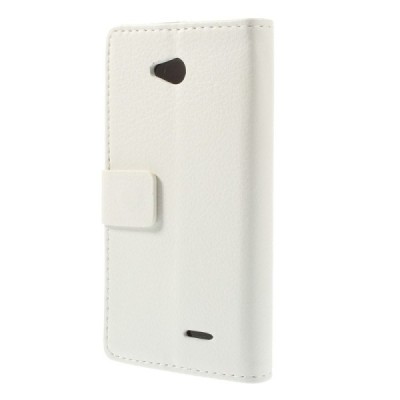 LG L65 atverčiamas baltas odinis Litchi dėklas - piniginė / Priedai.lt