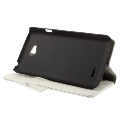 LG L65 atverčiamas baltas odinis Litchi dėklas - piniginė / Priedai.lt