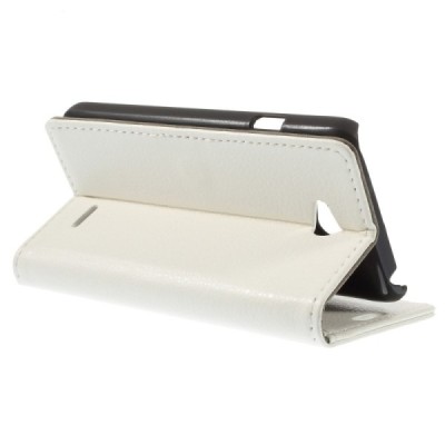 LG L65 atverčiamas baltas odinis Litchi dėklas - piniginė / Priedai.lt