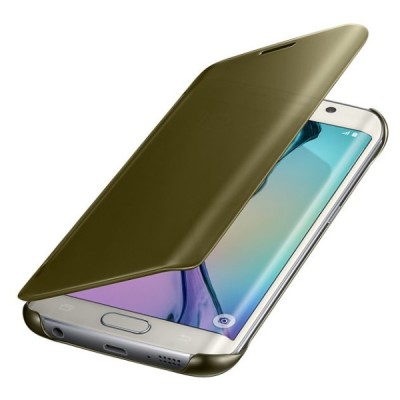 Samsung Galaxy S6 Edge oficiāls Clear View Cover atvērams zelta ādas maciņš / Vacins.lv
