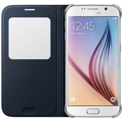 Samsung Galaxy S6 G920 oficiāls S View Cover atvērams melns ādas maciņš / Vacins.lv