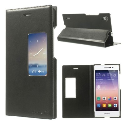 Huawei Ascend P7 melns atvēramais Smart Window ādas maciņš / Vacins.lv