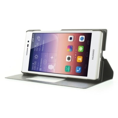 Huawei Ascend P7 melns atvēramais Smart Window ādas maciņš / Vacins.lv