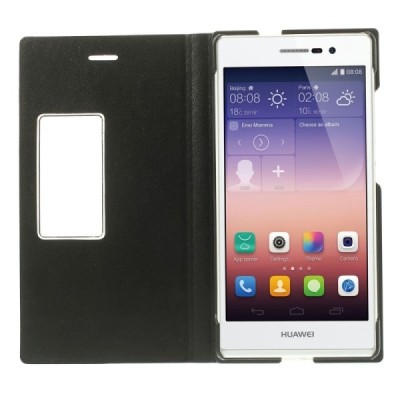 Huawei Ascend P7 melns atvēramais Smart Window ādas maciņš / Vacins.lv